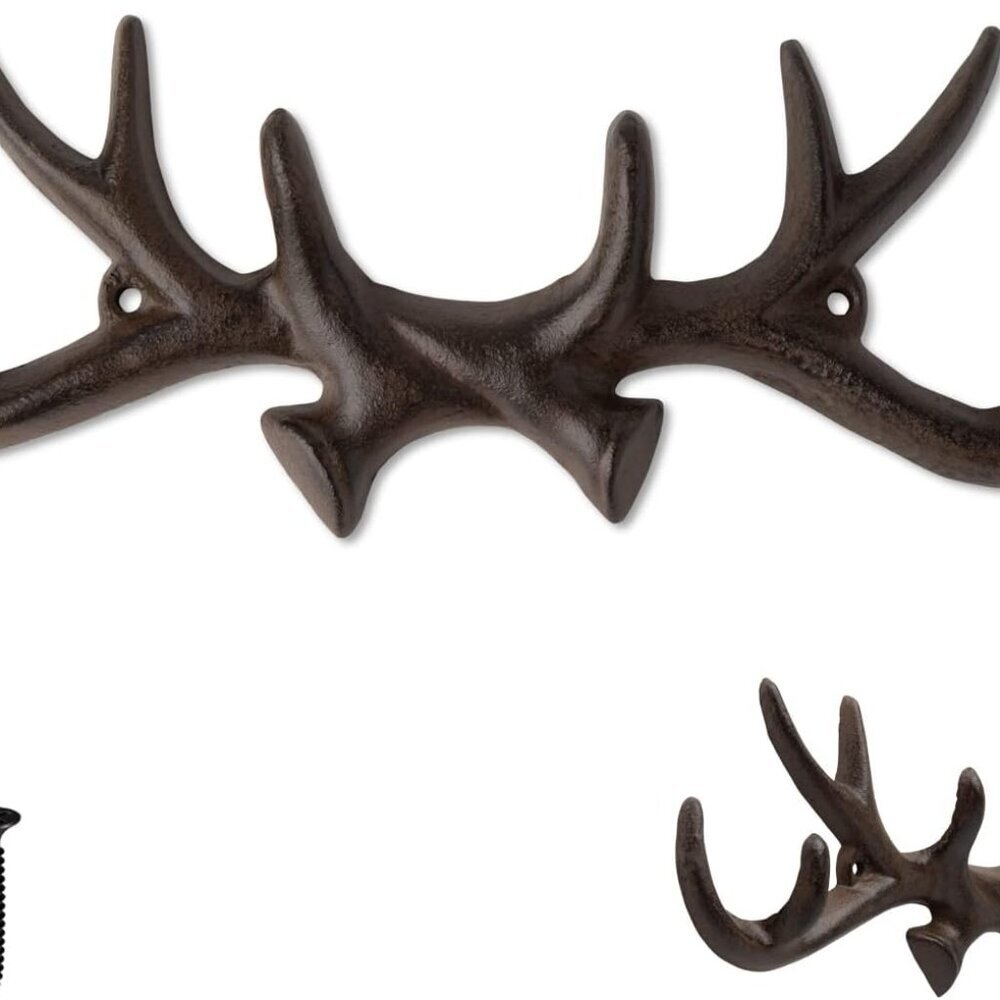 Vintage Cast Iron Deer Antlers Wall Mounted Hooks | Antique Finish Metal Clothes